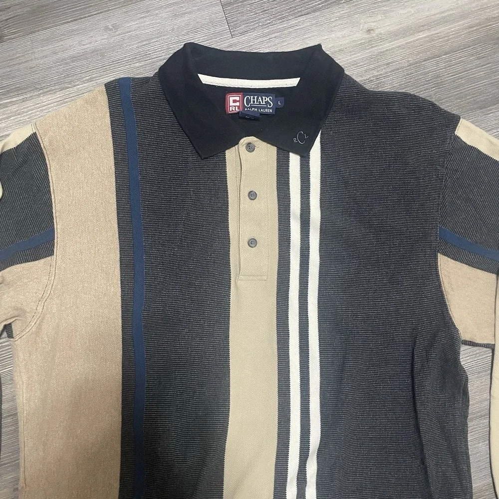 VTG 90s Chaps RALPH LAUREN Sz L Long Sleeve Striped Polo Shirt Knit Gorpcore‎